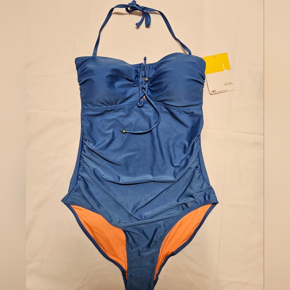 Girls Navy Blue One-Piece Swimsuit with Orange Lining